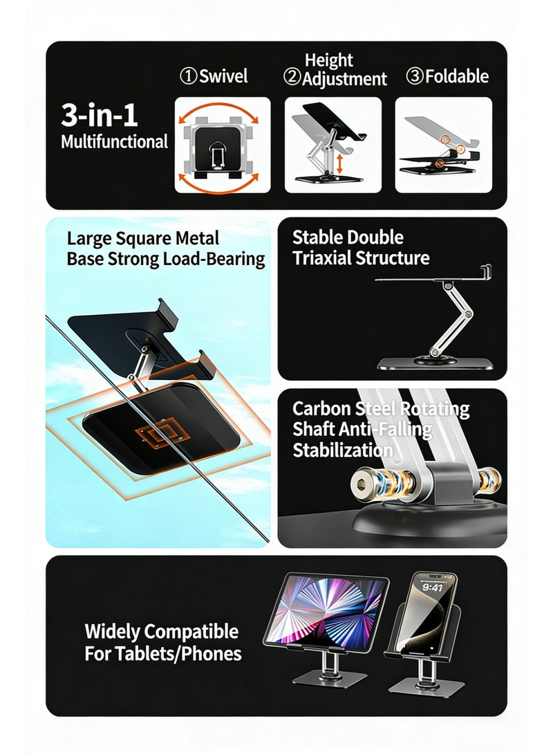 حامل تابلت قابل للدوران 360° بتصميم ثلاثي المحاور ثابت، قابل لتعديل الارتفاع وتحمل وزن ثقيل، متوافق مع أجهزة التابلت حتى 13 بوصة - Image 2